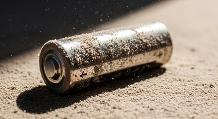 Dusty battery on sand surface in sunlight