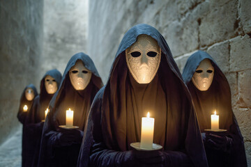 A mysterious procession of figures wearing ornate masks and dark cloaks, each holding a lit candle, moving through a dimly lit, ancient stone corridor with an eerie atmosphere