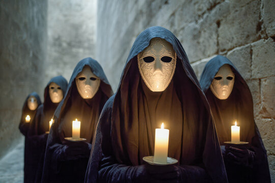 A mysterious procession of figures wearing ornate masks and dark cloaks, each holding a lit candle, moving through a dimly lit, ancient stone corridor with an eerie atmosphere
