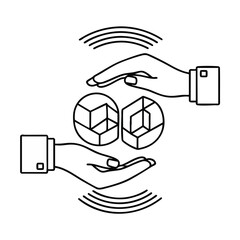Conceptual line art of hands managing abstract geometric blocks.