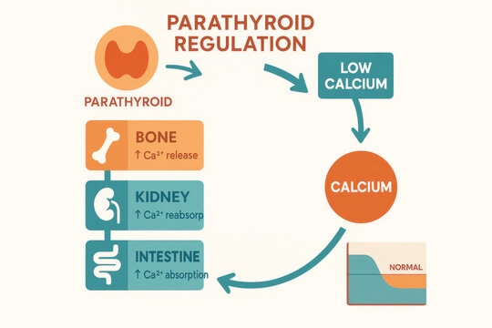 Parathyroid Regulation Diagram - Medical Illustration of Calcium Homeostasis, Hormonal Control, and Body Function. Illustration