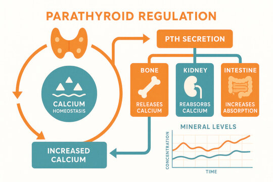 Parathyroid Hormone Regulation, diagram of calcium homeostasis, Illustration