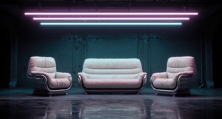 Retro lounge, neon glow, industrial style