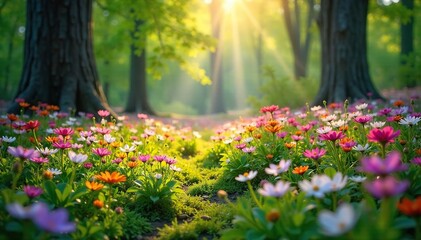 Obraz premium Lush wildflowers carpet a sun-dappled forest floor, creating a vibrant and breathtaking natural scene Perfect for nature, spring, and environmental themes , woods, scenic, beautiful