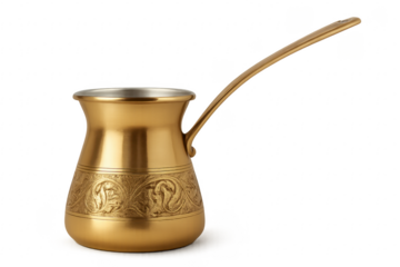 Golden cezve with floral patterns standing on transparent background