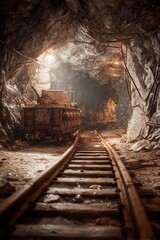 Naklejka premium A rusty mining cart sits on wooden tracks in an underground tunnel, illuminated by soft lights reflecting off the rough, rock surfaces, creating an eerie yet intriguing atmosphere