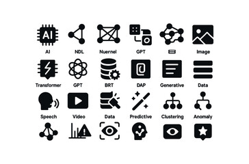 vector solid black filled icons AI Model (Types) aimodel ml aimodel dl aimodel nn aimodel cnn aimodel rnn aimodel gnn aimodel transformer aimodel gpt aimodel bert aimodel clip aimodel image.