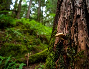 Obraz premium Close-up of small mushroom on mossy tree trunk in forest