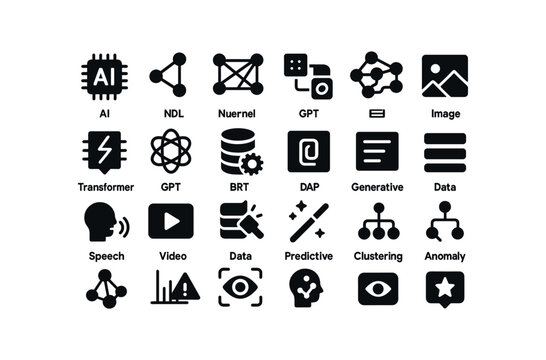 vector solid black filled icons AI Model (Types) aimodel ml aimodel dl aimodel nn aimodel cnn aimodel rnn aimodel gnn aimodel transformer aimodel gpt aimodel bert aimodel clip aimodel image.