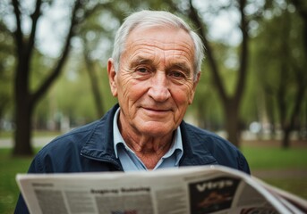 An older man reads a newspaper and smiles, enjoying a sunny day in the park.