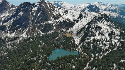 Mountain lake with snow mountains and green forest