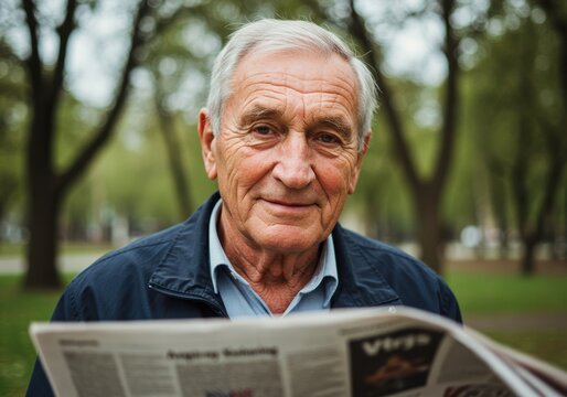 An older man reads a newspaper and smiles, enjoying a sunny day in the park. - Powered by Adobe