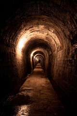 Fototapeta premium An underground tunnel features arched brick walls lit by warm lights. The path stretches into darkness, creating an atmosphere of intrigue and adventure for explorers