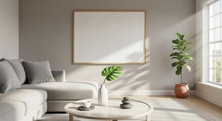 Serene living room scene with natural light and modern decor featuring a blank framed artwork