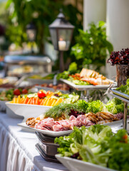 Obraz premium Fresh outdoor buffet with colorful vegetables, meats, and greens for a summer gathering