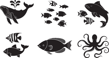 Marine Life Medley A Black and White Silhouette Illustration of Ocean Creatures