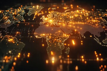 Fototapeta premium Vibrant digital map visualization highlighting global networks with sparkling lights in a dark background