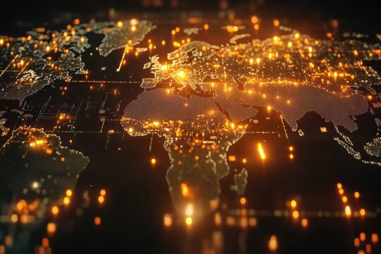 Vibrant digital map visualization highlighting global networks with sparkling lights in a dark background - Powered by Adobe