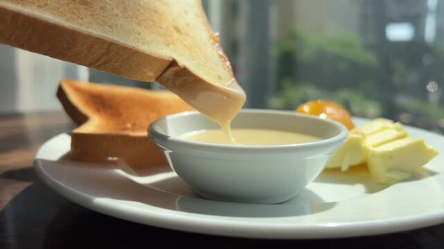 French toast on plate with butter, dip a crouton in condensed milk. Syrup Being Poured Onto tasty french toast. French Toast with mix Berries and Maple Syrup. High quality 4k footage