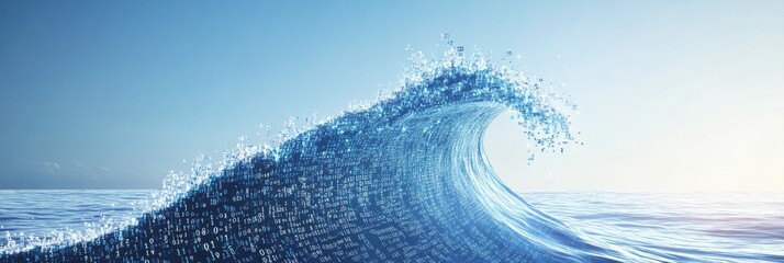 Digital wave composed of binary code crashing on the ocean surface at sunrise with clear skies in the background showcasing nature and technology blended together