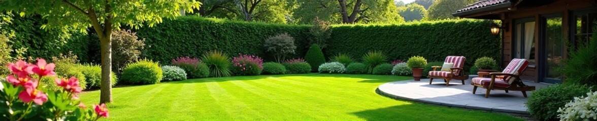 Serene backyard oasis featuring lush green lawn, flowering plants, and a charming patio area, perfect for relaxation and outdoor entertaining , property, tranquil