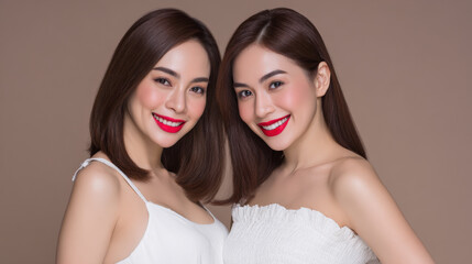 captivating portrait of two matching models radiating joy with their ultrabright smiles against clean background