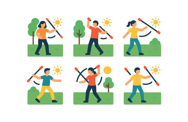 vector colorful flat filled icons staff twirling (outdoor): park performance green grass sunny day casual outfit flowing motion open space.