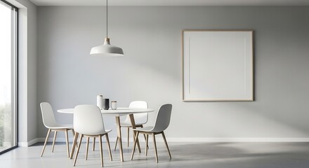 Fototapeta premium Modern dining area with minimalist furniture and blank wall art for interior design concepts