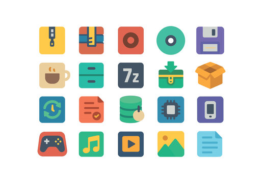 colorful flat vector icons Archive (Types) archive zip archive rar archive tar archive archive dmg archive jar archive cab archive 7z archive gz archive bz2 archive folder archive package.
