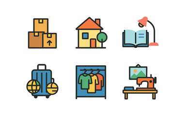 vector colorful flat filled icons second chapter phase (daily life): moving boxes new home studying travel fresh wardrobe hobby room.