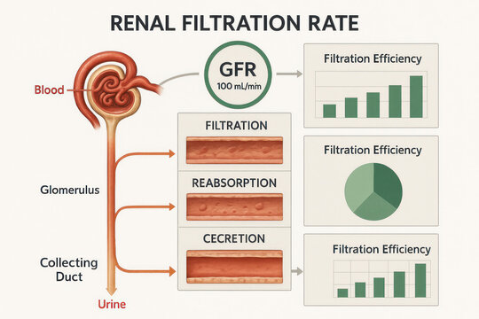 Renal Filtration Rate Diagram: Glomerular Filtration, Reabsorption and Secretion Process - Illustration