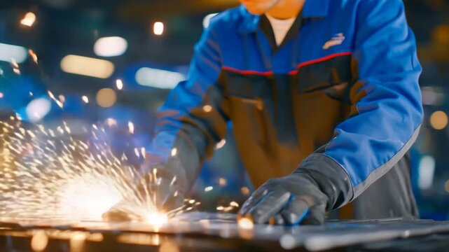 A detailed inspection of sheet metal flatness and finish by gloved hands, set against a softly blurred industrial backdrop with faint sparks.