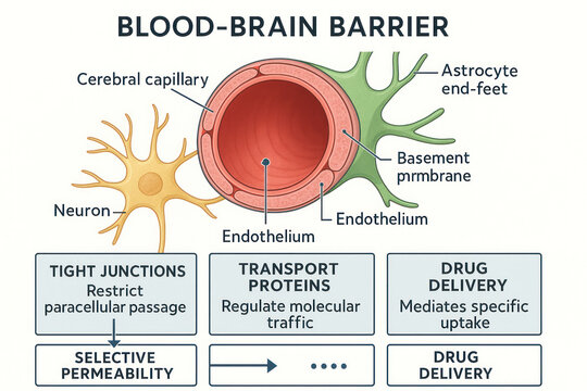 Blood-Brain Barrier Illustration showcasing cellular structures and drug delivery mechanisms in brain capillaries.