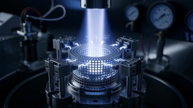 Highresolution detail of ion thruster electrode assembly firing within a simulated space vacuum chamber highlighting propulsion design.