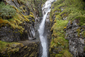 Silverfallet waterfall near the mountain village of Bjorkliden in Kiruna municipality, northern Sweden.