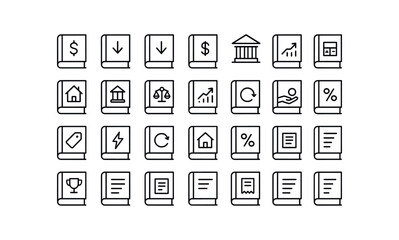 vector outline icons Ledger (Finance) ledger debit ledger credit ledger cash ledger bank ledger transfer ledger asset ledger liability ledger equity ledger revenue ledger profit ledger loss.