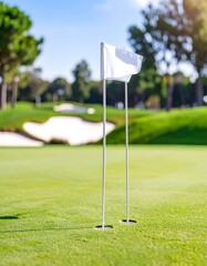 Obraz premium A golf course green with a white flag marking the hole, surrounded by lush grass and sand bunkers.