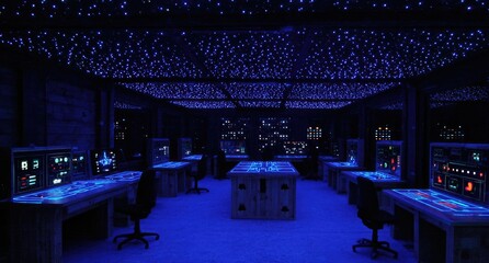 Dark, glowing control room