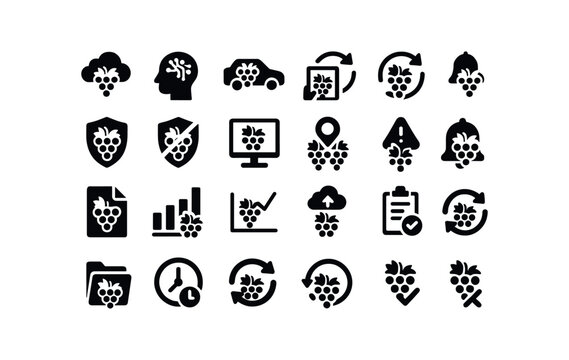 vector solid black filled icons Vineyard (Advanced) vineyard smart vineyard ai vineyard auto vineyard manual vineyard synced vineyard unsynced vineyard secure vineyard unsecure vineyard.