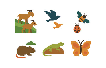 Fototapeta premium vector colorful flat filled icons terraced slope (wildlife): goats grazing birds flying insects buzzing small mammals reptiles sunning butterflies.