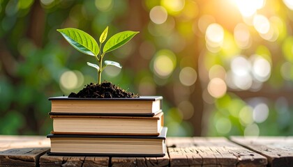 A young plant growing from books on a rustic wooden surface, bathed in sunlight