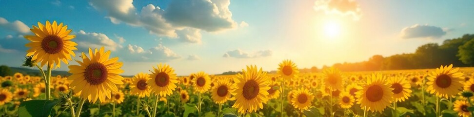 Fototapeta premium A vibrant sun shines on a field of blooming sunflowers, conveying joy and optimism The scene is peaceful and evokes a sense of carefree happiness , natural beauty, yellow