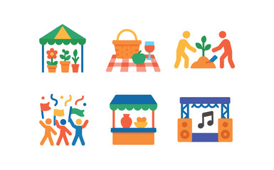 vector colorful flat filled icons renewal season (festive): garden fair outdoor picnic community planting colorful parade craft stalls music stage.