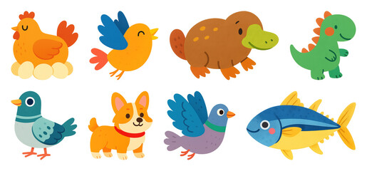 Obraz premium PNG Colorful cartoon animal illustrations, element set on transparent background