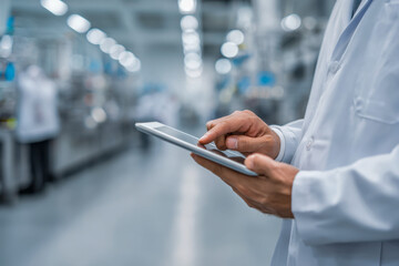 Naklejka premium Professional wearing white lab coat using digital tablet device to monitor and manage industrial production processes in a modern manufacturing facility environment