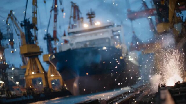 Shipbuilders weld and paint a massive ship on a floating dry dock, surrounded by sparks and towering cranes in a bustling industrial setting.
