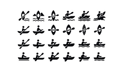 vector solid black filled icons Kayak (Types) kayak sea kayak river kayak lake kayak ocean kayak surf kayak racing kayak touring kayak fishing kayak whitewater kayak flatwater kayak sitin.