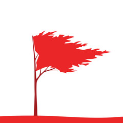 Red Flag Waving in Strong Wind on White Background.