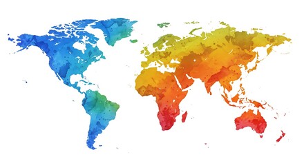 Colorful watercolor world map illustration with vibrant gradient colors