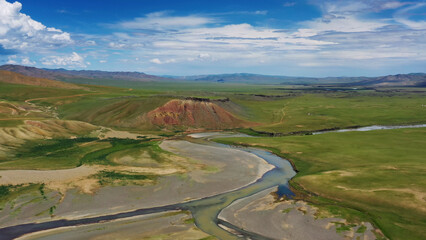 Aerial mountains landscape in Orkhon valley